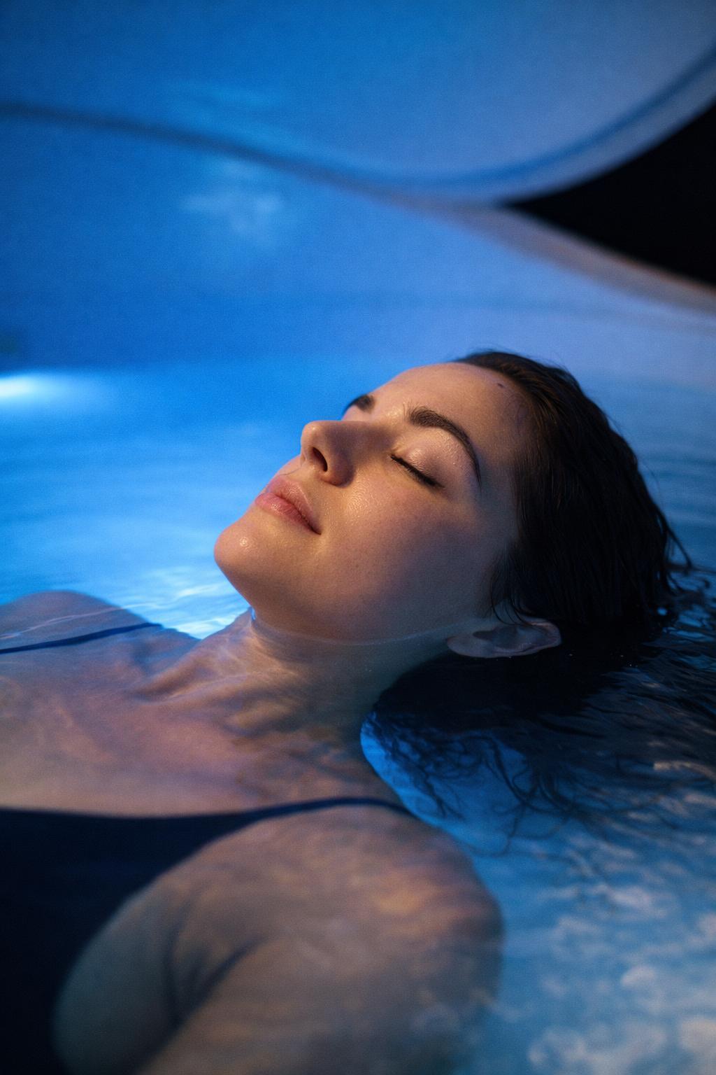 Visage apaisé d'une personne en flottaison, les yeux fermés — Serenity Sphere Metz