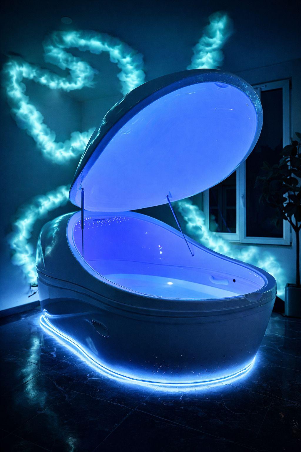 Caisson de flottaison ouvert illuminé en bleu, Serenity Sphere Metz